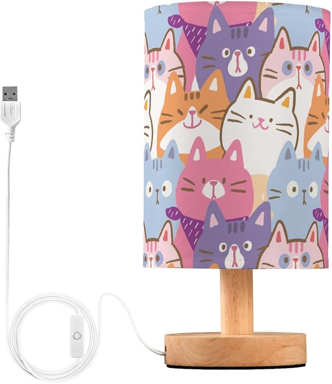 Bedside Lamp Cartoon Cat Table Lamp for Bedroom LED Nightstand Lamp Shade USB Ports Wood Base for Living Room Dorm Office