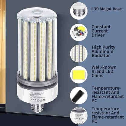 250W LED Corn Light Bulb 2 Pack, 32500Lm 1000w Replacement,5000K E39 Mogul Base LED Bulb,Retrofit HPS HID Lamp for Commercial Industrial High Bay light Wearehouse Gyms Barn Storage Room Workshop