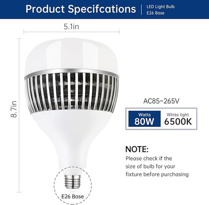 Super Bright Light Bulbs, 550-750W Equivalent Exceed 8000LM E26 LED Bulb, 6500K Daylight 80 Watt High Lumen LED Bulb for Home, Shopping mall, Hotel, Factory, Warehouse, Garage (80, Watts)