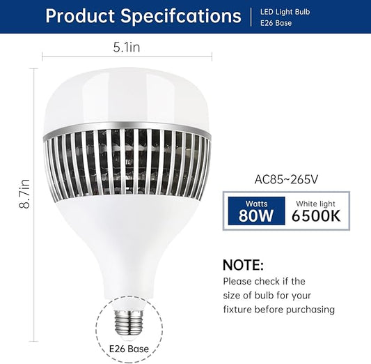 Super Bright Light Bulbs, 550-750W Equivalent Exceed 8000LM E26 LED Bulb, 6500K Daylight 80 Watt High Lumen LED Bulb for Home, Shopping mall, Hotel, Factory, Warehouse, Garage (80, Watts)
