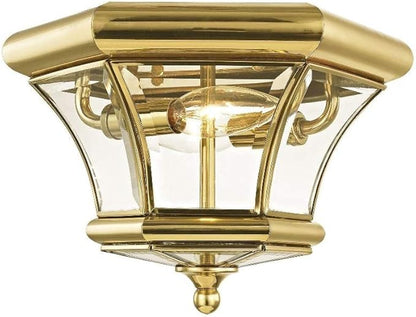 Livex Lighting 7052-02 Monterey 2 Light Outdoor/Indoor Polished Brass Finish Solid Brass Flush Mount with Clear Beveled Glass