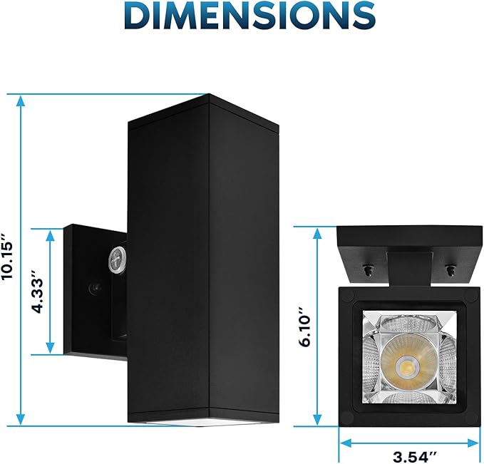 LUXRITE Dusk to Dawn LED Modern Outdoor Wall Light, 10", Up or Up and Down Light, 3CCT 3000K-5000K, Waterproof Square Wall Sconce, 15/20/24W, Dimmable, IP65, ETL, Black - Exterior Porch Patio Garage