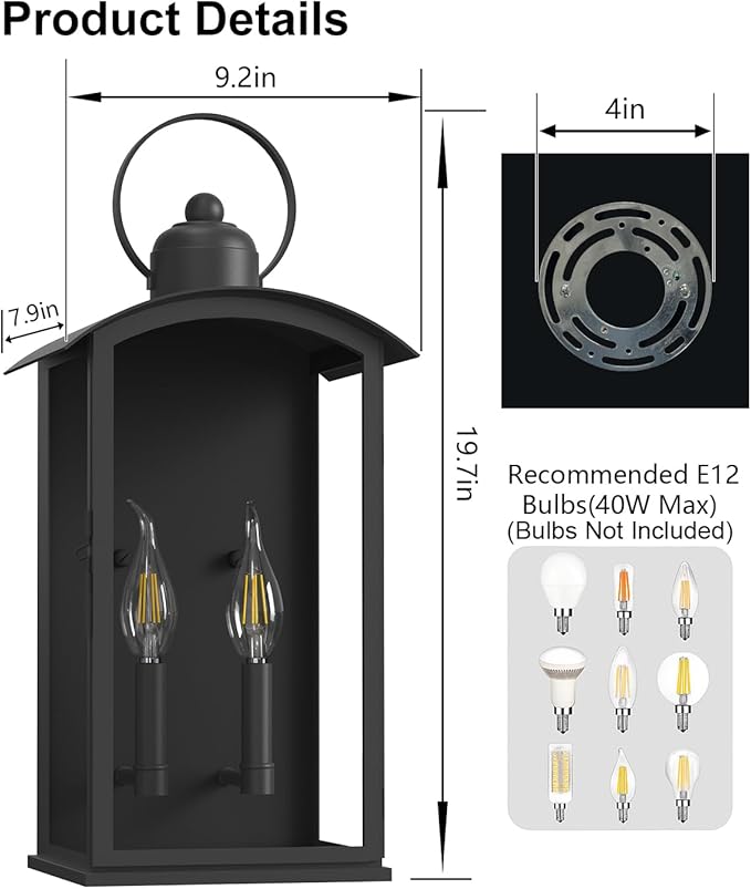 𝟏𝟗.𝟕-𝐈𝐍𝐂𝐇 Outdoor Wall Light Fixtures, Dusk to Dawn Exterior Lanterns Waterproof, Large Porch Sconces Wall Mounted Lighting, Modern Matte Black Front Open Window Wall Lamps for Patio