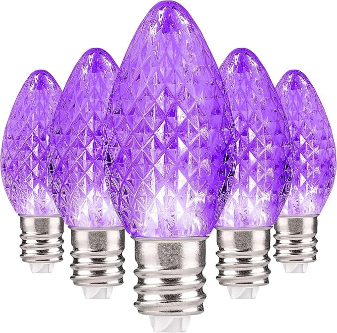 Holiday Lighting Outlet Faceted C7 Christmas Lights | Purple LED Light Bulbs Holiday Decoration | Warm Christmas Decor for Indoor & Outdoor Use | 2 SMD LEDs in Each Light Bulb | Set of 500