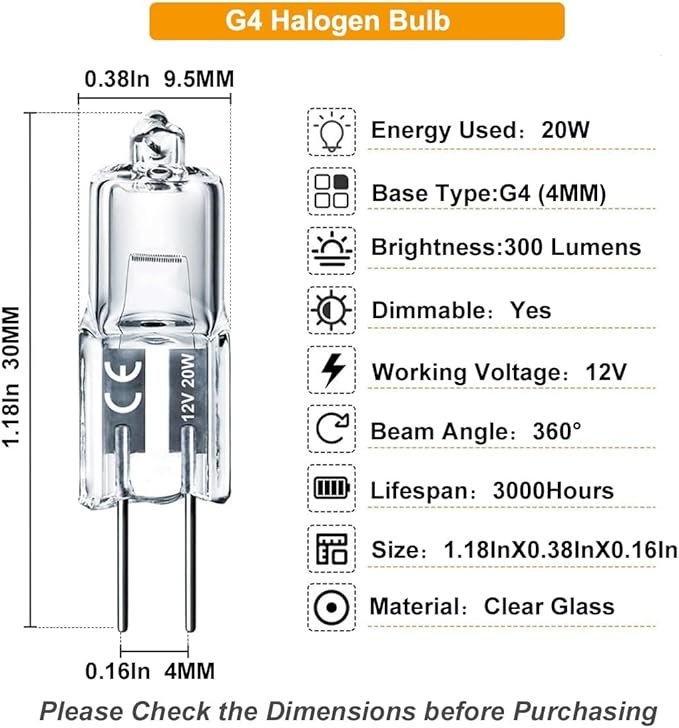 G4 Bulb, 20 Pack Halogen G4 12V 20W with G4 Bi-pin Base, High Output G4 Light Bulb 12V 300LM 3000Hrs Long Lifetime, G4 Dimmable, CRI100 & 2800K Warm White, G4 Halogen Bulb 20W for Cabinet Light Bulbs