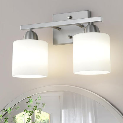 Stainless Steel Milk Glass Vanity Lights for Bathroom, 2 Light Brushed Nickel Bathroom Light Fixtures Over Mirror, Ceramic E26 Sockets Wall Mounted