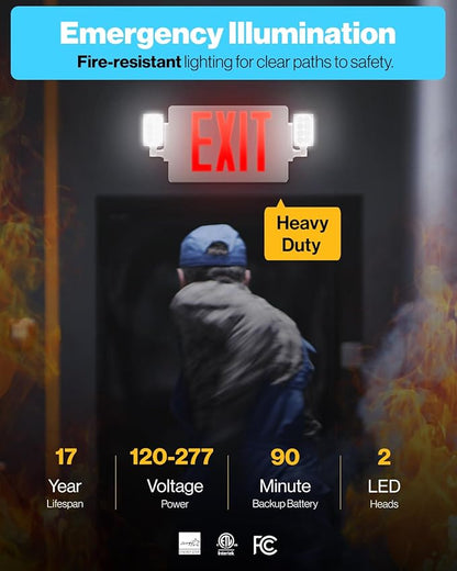 Sunco Exit Signs With Emergency Lights, Two Adjustable LED Lights With Backup Battery, Red, 94V-0 Fire Resistant, 120-277V, Wall Or Ceiling Mount, Commercial Grade UL 4 Pack.