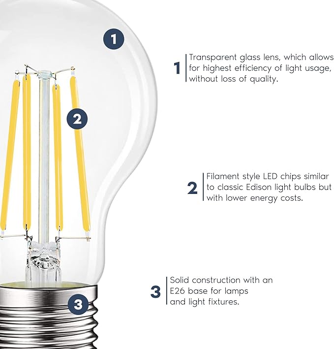 LUXRITE Vintage A19 LED Light Bulbs 100 Watt Equivalent, 1600 Lumens, 4000K Cool White, Dimmable Edison Light Bulbs, 12W, Damp Rated, UL Listed, Clear Glass Filament Bulb, E26 Medium Base (6 Pack)