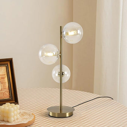 Gold Globe Bedside Lamp, 3 Lights Mid Century Modern Table Lamp, Contemporary Cognac Glass Globe Readin Lamp for Bedroom Living Room Study Room