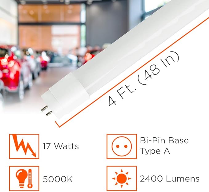 GoodBulb 4 Foot LED Tube 17 Watt T8 Medium Bi-Pin Base 5000K Daylight High Output 2400 Lumens 83 CRI Type A Plug & Go Car Dealership Lighting 25 Pack