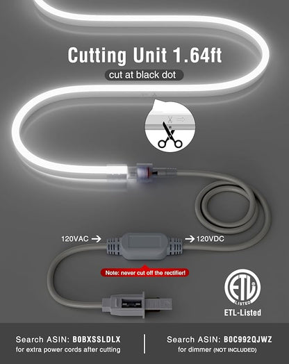 Shine Decor LED Neon Rope Lights AC 120V, Expandable & Cuttable 120LEDs/M Bright Strip Lighting, ETL Cold-Resistant & IP65 Waterproof for Indoor Outdoor, 8x16mm, 6300K Cool White, 32.8ft