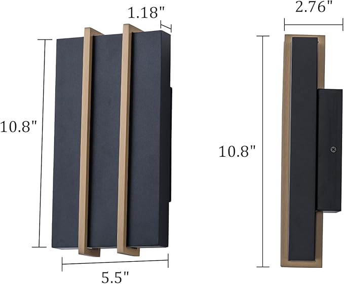 Upgraded Modern Outdoor Wall Light Fixture, 10.8" Up and Down Outdoor Sconce Lights 15W 3CCT 3000K/4000K/5000K, IP54 Waterproof Exterior Wall Sconce, Black Metal Frame with Brass Accents