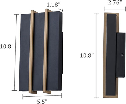 Upgraded Modern Outdoor Wall Light Fixture, 10.8" Up and Down Outdoor Sconce Lights 15W 3CCT 3000K/4000K/5000K, IP54 Waterproof Exterior Wall Sconce, Black Metal Frame with Brass Accents