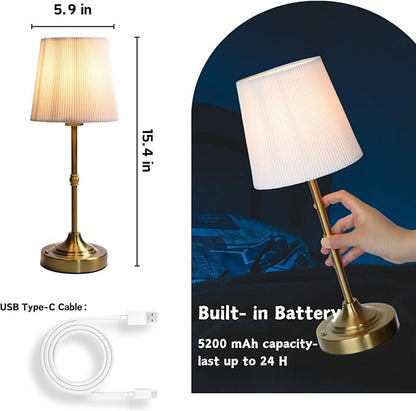 Rechargeable Table Lamp, Cordless Touch Lamps, Portable Desk Light with Stepless Dimmable Brightness & Fabric Shade for Nightstand Bedside Living Room (Gold, Twill)