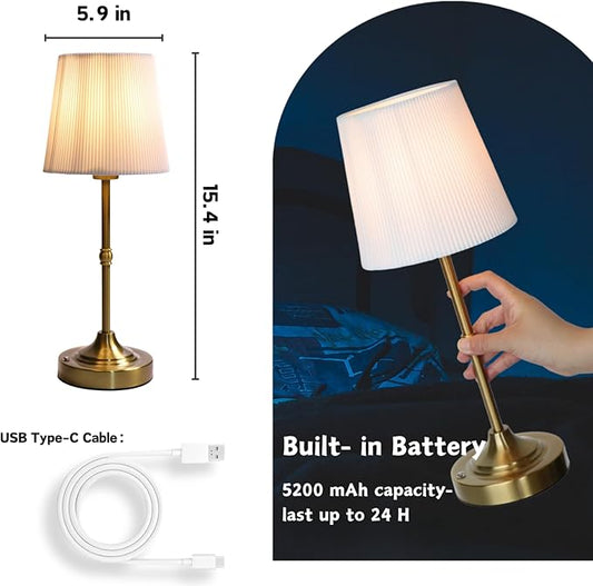 Rechargeable Table Lamp, Cordless Touch Lamps, Portable Desk Light with Stepless Dimmable Brightness & Fabric Shade for Nightstand Bedside Living Room (Gold, Twill)