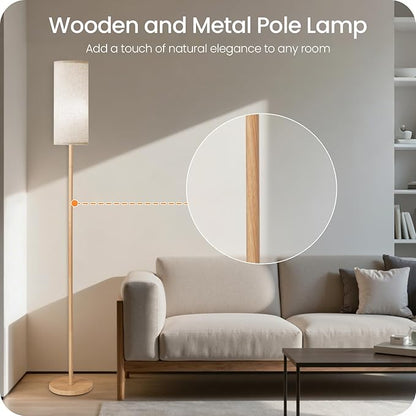 Wooden Textured Pole Lamp, Dimmable Floor Lamps for Living Room with Remote and Foot Switch, 64.4” Standing Tall Lamp, Corner Floor Light for Bedroom, Bulb Included, 3000K-6500K, FCC Listed XE06LD05W1