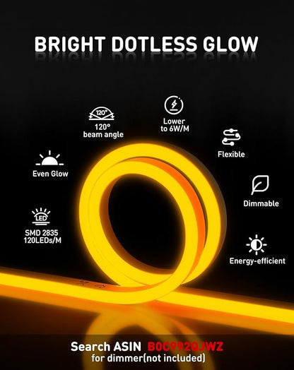 Shine Decor LED Rope Lights AC 120V, Connectable & Cuttable Dotless 120LEDs/M Eco Neon Strip Lighting, ETL IP65 Waterproof & Weather-Resistant for Home Commercial, 8x16mm, Gold, 65.6FT