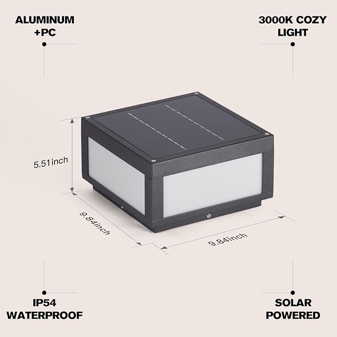 9.84" Solar Post Lights, 3000K LED Solar Pillar Lights Outdoor, IP54 Waterproof Outdoor Lamp Post Light, Dusk to Dawn Column Lighting for Posts Fence Outside Entrance Yard Patio Driveway