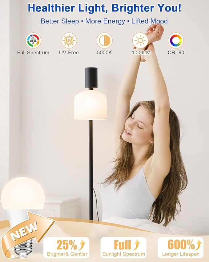 Neporal 15W Full Spectrum Light Bulb, 5000K UV-Free Daylight Sunlight Light Bulbs, 100W Equivalent LED CRI 90, Flicker-Free, 30,000 Hrs Lifespan, E26/E27 Natural Light Bulb for Home & Office - 6PK