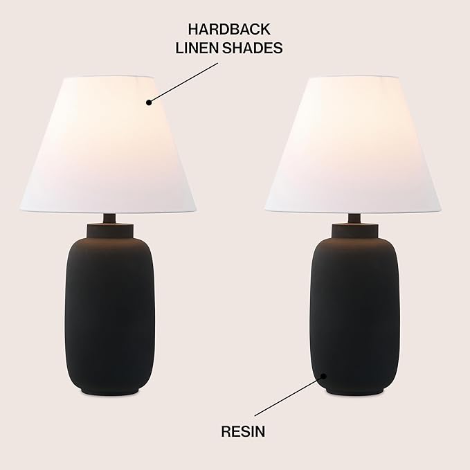 JONATHAN Y JYL5603A-SET2 24.5" Modern Minimalist Table Lamp Set of 2, Matte Black Ginger Jar Farmhouse Bedside Lamps for Bedroom, Living Room, Office with White Linen Shade, LED Bulbs Included