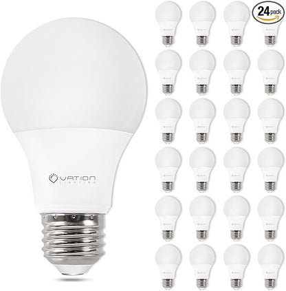 A19 LED Light Bulbs 3000K Warm White, 60 Watt Equivalent, Efficient 8.5Watt, 800 Lumens, E26 Medium Base, Non-Dimmable, ETL/UL Listed, 24 Pack