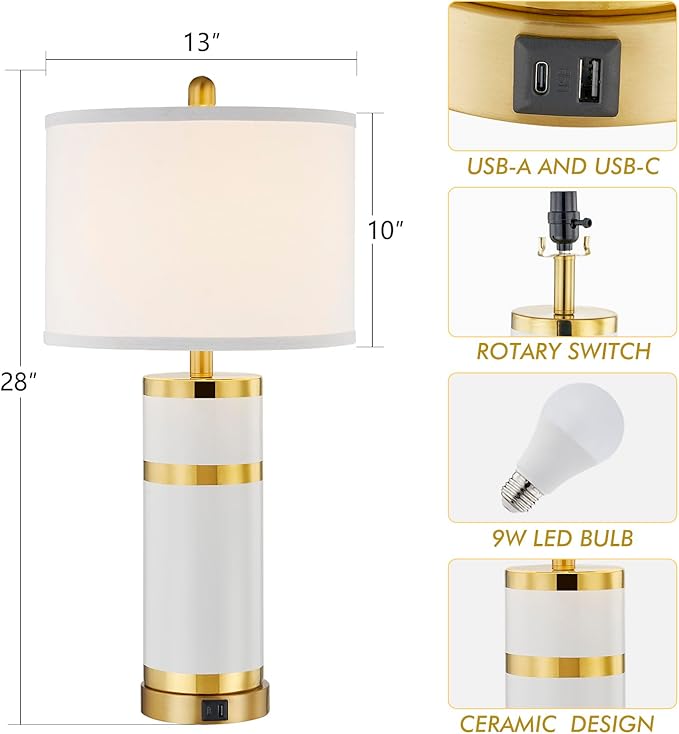 Ceramic White Gold-Plated Decorative 28" Table Lamps Set of 2 with E26 Socket&Rotary Switch,USB A+C Ports,Modern Bedside Lamps for Nightstand,Bedroom,Living Room,Decoration,Office(Bulbs in)