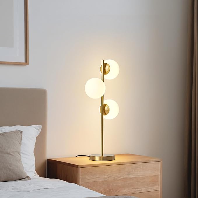 Mid-Century Modern 3 Globe Table Lamp with White Glass Shades - Gold LED Nightstand Light for Bedroom & Office