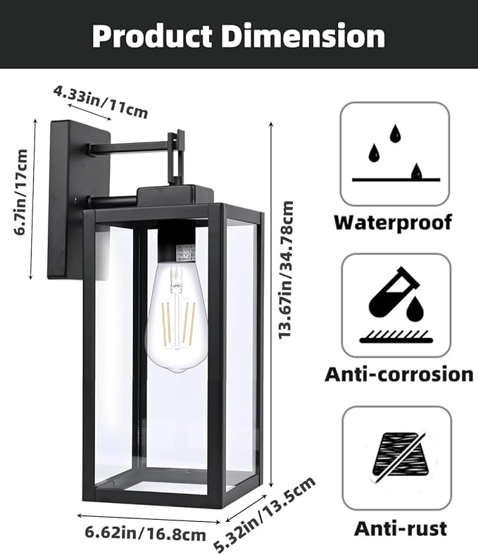 2 Pack Outdoor Wall Light - 14 Inch Exterior Wall Sconce for House, Outdoor Black Wall Lantern for Garage&Patio Front Door, Outside Porch Light Fixture with Glass Shade