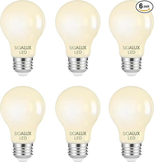 Dimmable E26 LED Light Bulb 60 Watt Equivalent, Sigalux Energy Star Certified Daylight 2700K LED Filament Bulb, A19 LED Edison Vintage Antique Frosted Bulbs with Medium Base, 800LM, UL Listed, 6 Packs
