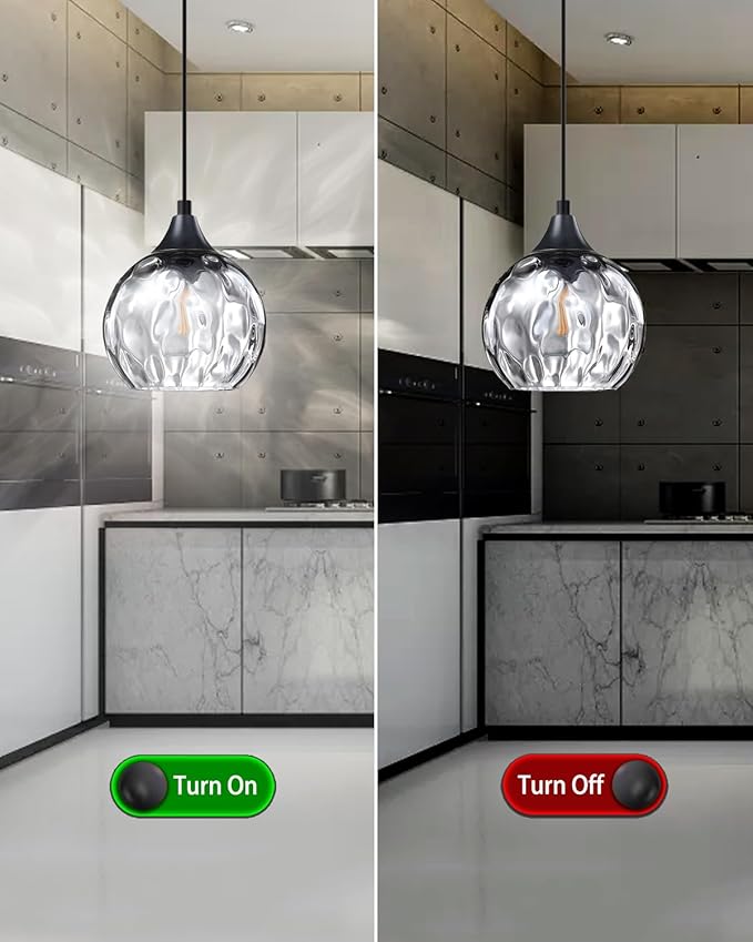 3 Pack 1 Light Hanging Indoor Kitchen Island Pendant Light 6.3" Grey Hammer Glass Pendant Ceiling Light Fixtures Black Finish Modern Farmhouse Dinning Over Sink(Adjustable Height Cord)