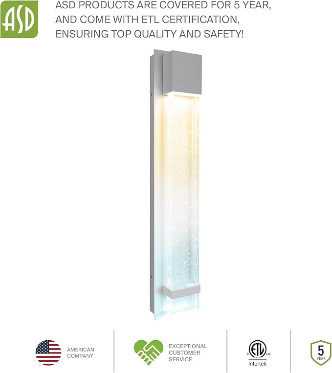 ASD LED 24" Bubble Glass Wall Light Fixture, Outdoor & Indoor Seeded Sconce | 3CCT, Waterproof, Dimmable, ETL Listed | 20W 600LM 3000-5000K 100-277V | Exterior Lantern, Porch Lighting | White, 2 Pack