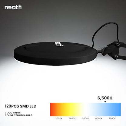 Neatfi (New Model) LED Magnifying Lamp with Clamp, 5D Magnification, 120Pcs SMD LEDs, 12W, Adjustable Color Temperature (Black, 5-Inch Lens, 5 Diopter)