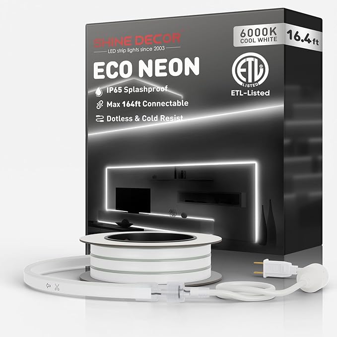 Shine Decor LED Rope Lights AC 120V, Connectable & Cuttable Dotless 120LEDs/M Eco Neon Strip Lighting, ETL IP65 Waterproof & Weather-Resistant for Home Commercial, 8x16mm, 6000K Cool White, 16.4FT