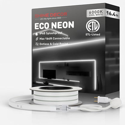 Shine Decor LED Rope Lights AC 120V, Connectable & Cuttable Dotless 120LEDs/M Eco Neon Strip Lighting, ETL IP65 Waterproof & Weather-Resistant for Home Commercial, 8x16mm, 6000K Cool White, 16.4FT