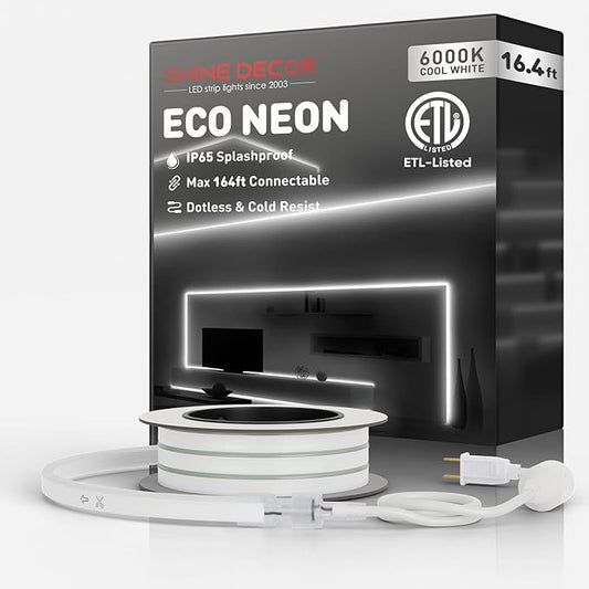 Shine Decor LED Rope Lights AC 120V, Connectable & Cuttable Dotless 120LEDs/M Eco Neon Strip Lighting, ETL IP65 Waterproof & Weather-Resistant for Home Commercial, 8x16mm, 6000K Cool White, 16.4FT