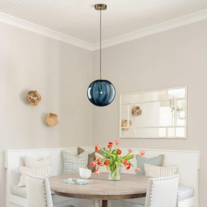 KCO Lighting Modern Large Globe Pendant Light 1-Light Single Blue Glass Pendant Lighting Kitchen Island Vintage Ribbed Glass Pendant Light Contemporary Gold Hanging Light Fixture (9.8”)