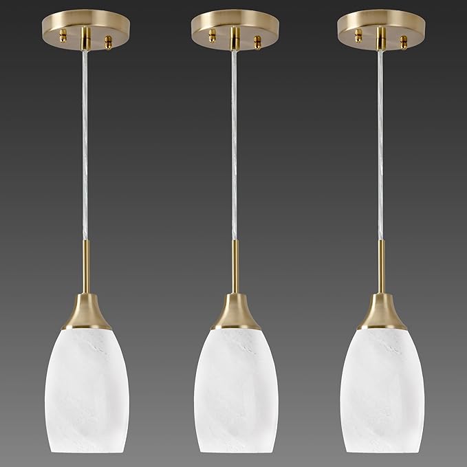 Mini Glass Pendant Light 3-Pack Handblown Art White Swirl Oval Hanging Pendant Lamp 4.72" Glass Chandelier for Kitchen Island Dining Room Living Foyer Hallway Entry Brushed Gold Finish