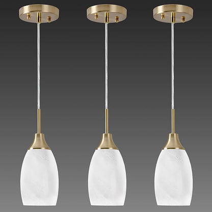 Mini Glass Pendant Light 3-Pack Handblown Art White Swirl Oval Hanging Pendant Lamp 4.72" Glass Chandelier for Kitchen Island Dining Room Living Foyer Hallway Entry Brushed Gold Finish