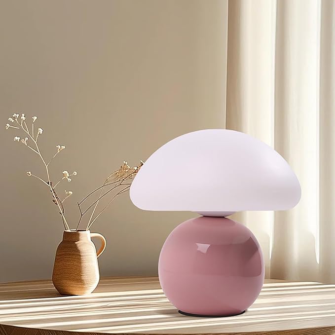 Cute Small Mushroom Lamp, PE Lampshade, Ceramic Spherical Base, Adjustable Light Color and Brightness, Safe USB Powered, Energy-Saving LED Mushroom Light for Bedroom Living Room (Pink)