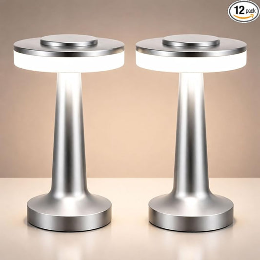 VIHOSE Cordless Table Lamps LED Portable Rechargeable Table Lamp with Touch Sensor 3 Color Dimming up to 15 Hours Battery Desk Light for Restaurant Nursery Living Room(Silver,12 Pcs)