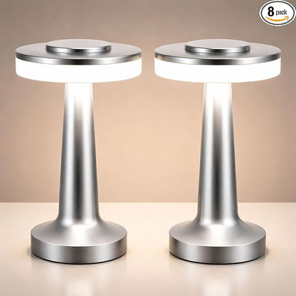 VIHOSE Cordless Table Lamps LED Portable Rechargeable Table Lamp with Touch Sensor 3 Color Dimming up to 15 Hours Battery Desk Light for Restaurant Nursery Living Room(Silver,8 Pcs)