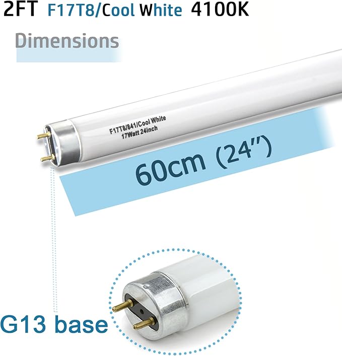 (12 Pack) 24 inch F17T8/841 Fluorescent Light Bulb,2ft 17Watts 4100K Cool White T8 Linear sp841 Tube, G13 Medium Bi-Pin Base
