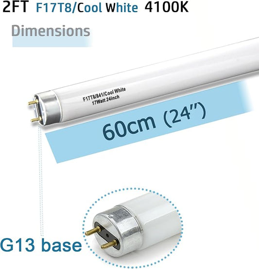 (12 Pack) 24 inch F17T8/841 Fluorescent Light Bulb,2ft 17Watts 4100K Cool White T8 Linear sp841 Tube, G13 Medium Bi-Pin Base