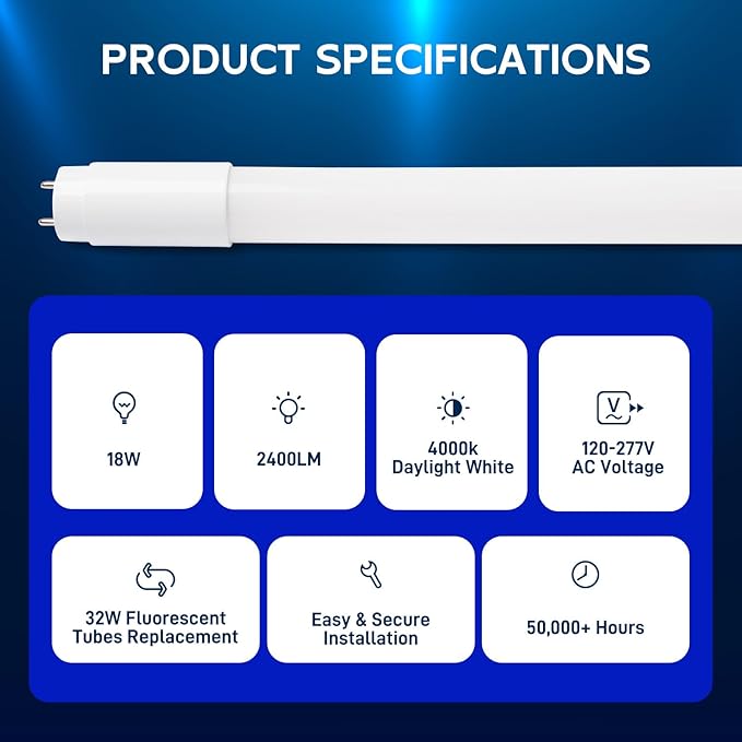 hykolity 20 Pack 4FT LED T8 Hybrid Type A+B Light Tube, 18W, Plug & Play or Ballast Bypass, Single-Ended OR Double-Ended, 4000K, 2400lm, Frosted Cover, T8 T10 T12 for G13, 120-277V, UL Listed