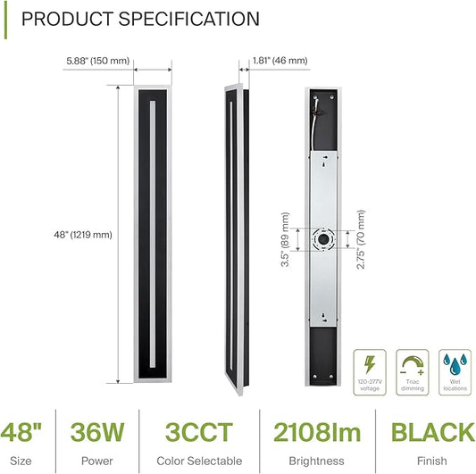 ASD LED 48" Long Wall Mount Light Fixture, Outdoor & Indoor Linear Sconce | 3CCT, Dimmable, Waterproof, Anti-Rust, ETL Listed | 36W 2100LM 3000-5000K 100-277V | Exterior Porch Lighting | Black