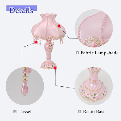 Cute Table Lamp with Fabric Lampshade, Antique Flower Decorative Bedside Desk Nightstand Lamp, Handmade Night Light for Bedroom Living Room (Pink)