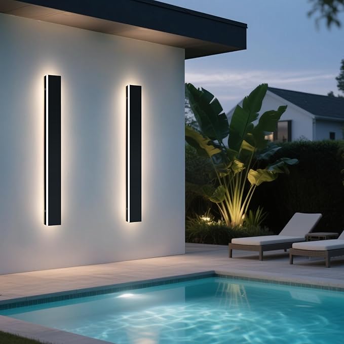 Upgrade Widened 2 Pack 47.2inch Modern Exterior Lighting Fixture, IP65 Waterproof Outdoor Wall Light, 3000K Warm White, 42W, Black Long Strip LED Wall Sconce for Balcony, Yard, Garage