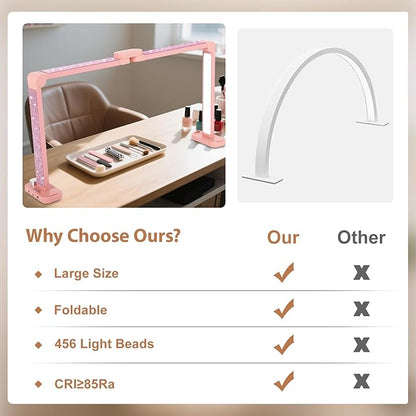 FAHKNS Large Half-Moon Light for Nail Desk, 34IN Foldable LED Lamp with Phone Holder, 3000-6000K Color Temperature, Stepless Brightness Adjustment, Nail Art, Tattooing, Pink with Diamonds
