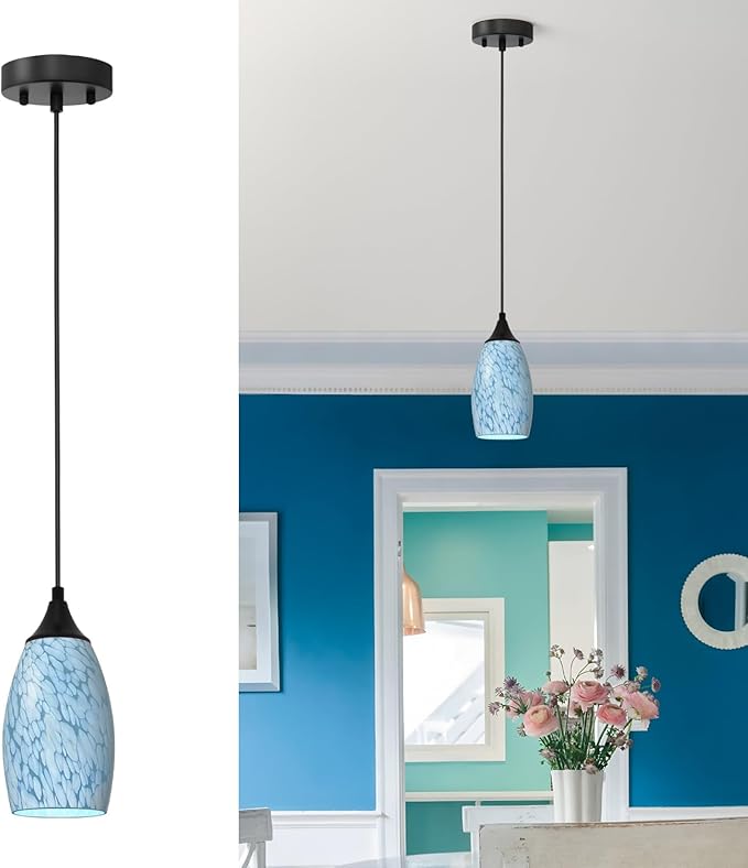 ANYLOVE Vintage Art Blue-White Pendant Lighting,1-Pack Hand Glass Hanging Light Fixture,Adjustable Cord for Kitchen,Hallway,Dining Room