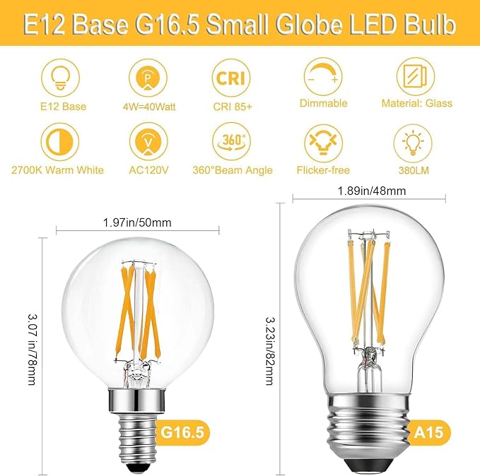 BRIMAX 10 Pack G16.5 Light Bulbs,Small Globe Bulbs Dimmable 4W E12 LED Bulbs 380lm,Equal to Candelabra Bulb 40W,2700K Warm White,AC120V,Flicker Free for Ceiling Fans Pendant Chandelier